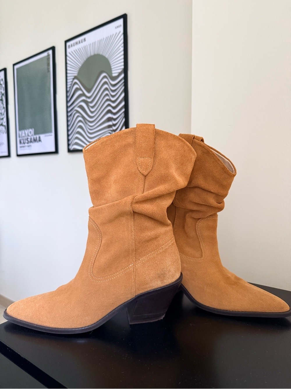 Mango Tan Suede Western Ankle Boots Slouchy Pointed Toe - EU 38 / US 7.5